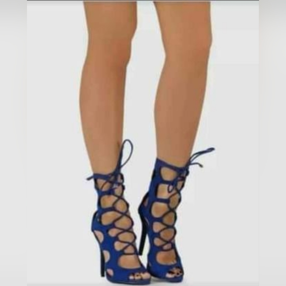 Breckelles Roma-61 Lace-Up Gladiator Peep Toe High Heel: (1) Leopard & Blue~5.5 - Picture 6 of 10
